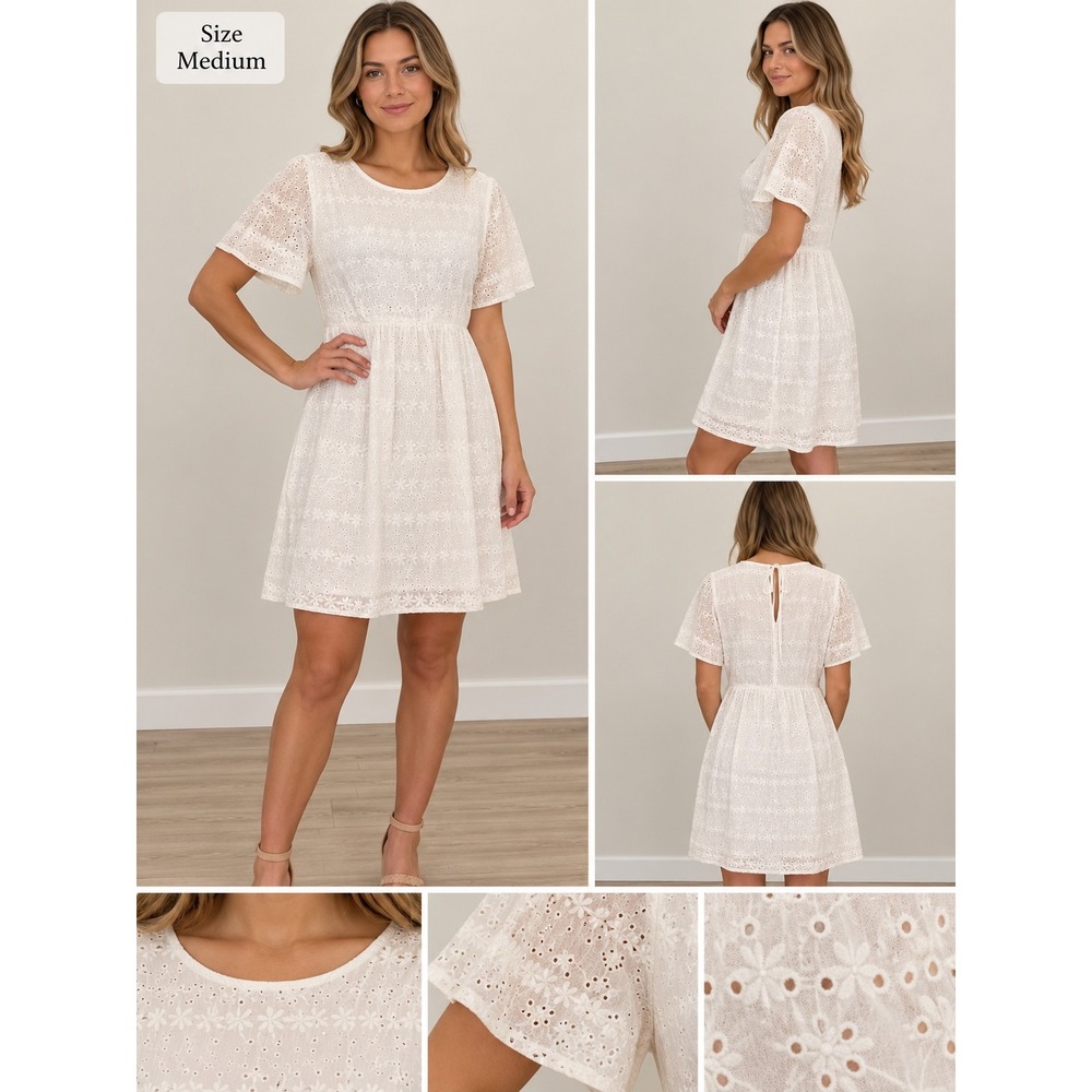 Downeast May Dress White Eyelet Floral Mini Dress Medium Cottagecore NWT $72